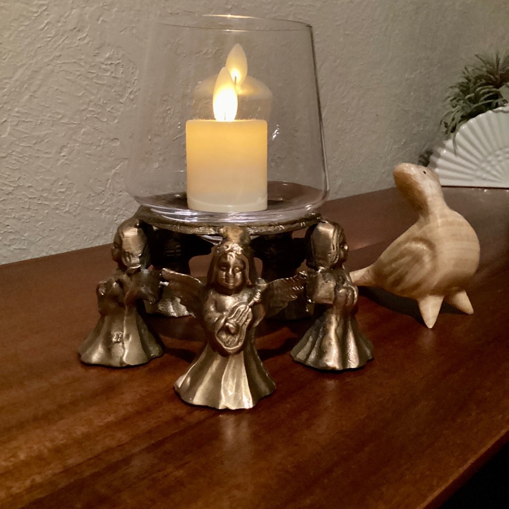 Brass Five Girl Angels Playing Guitar Round Base Candle Holder Art Deco VTG EUC